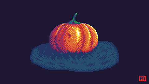 Pixel art rendering of a pumpkin in a field.