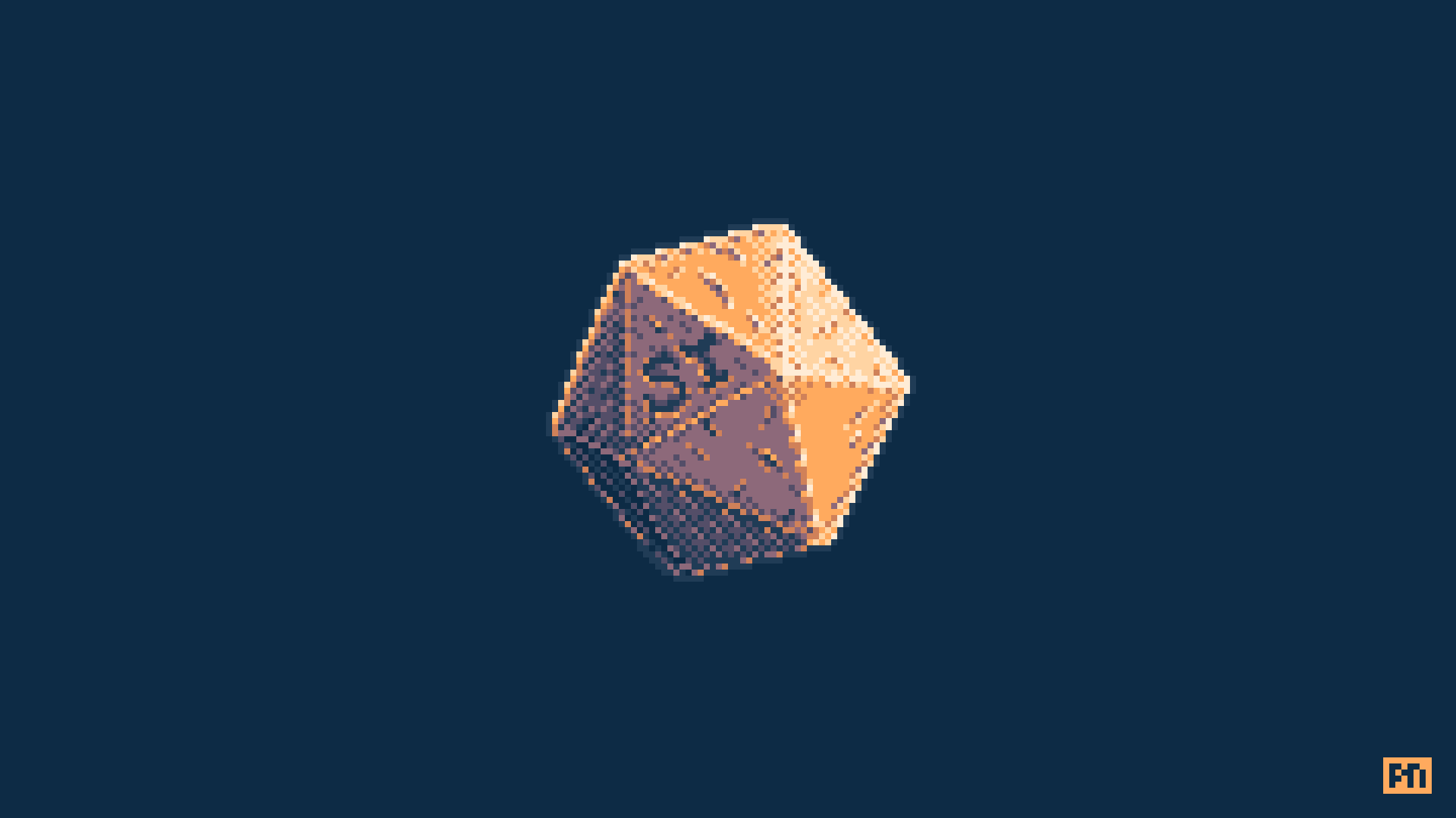 Pixel art heavily-used D20 die with the Strangers Things logo etched into it.