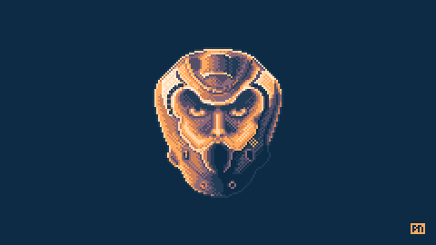 Pixel art rendering of the Doom Slayer's helmet from the Doom franchise.