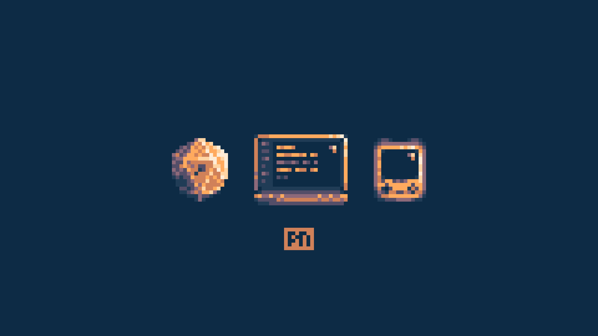 Pixel art rendering of a D20 die, laptop, and retro handheld device.