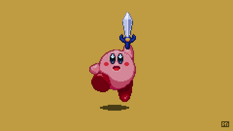 Pixel art rendering of Kirby jumping with a sword.